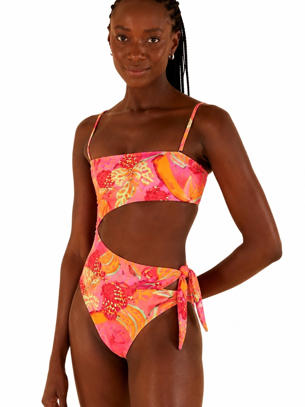 NWT FARM Rio Praia Cutout One Piece Swimsuit Tropical Pink Orange Print Size M